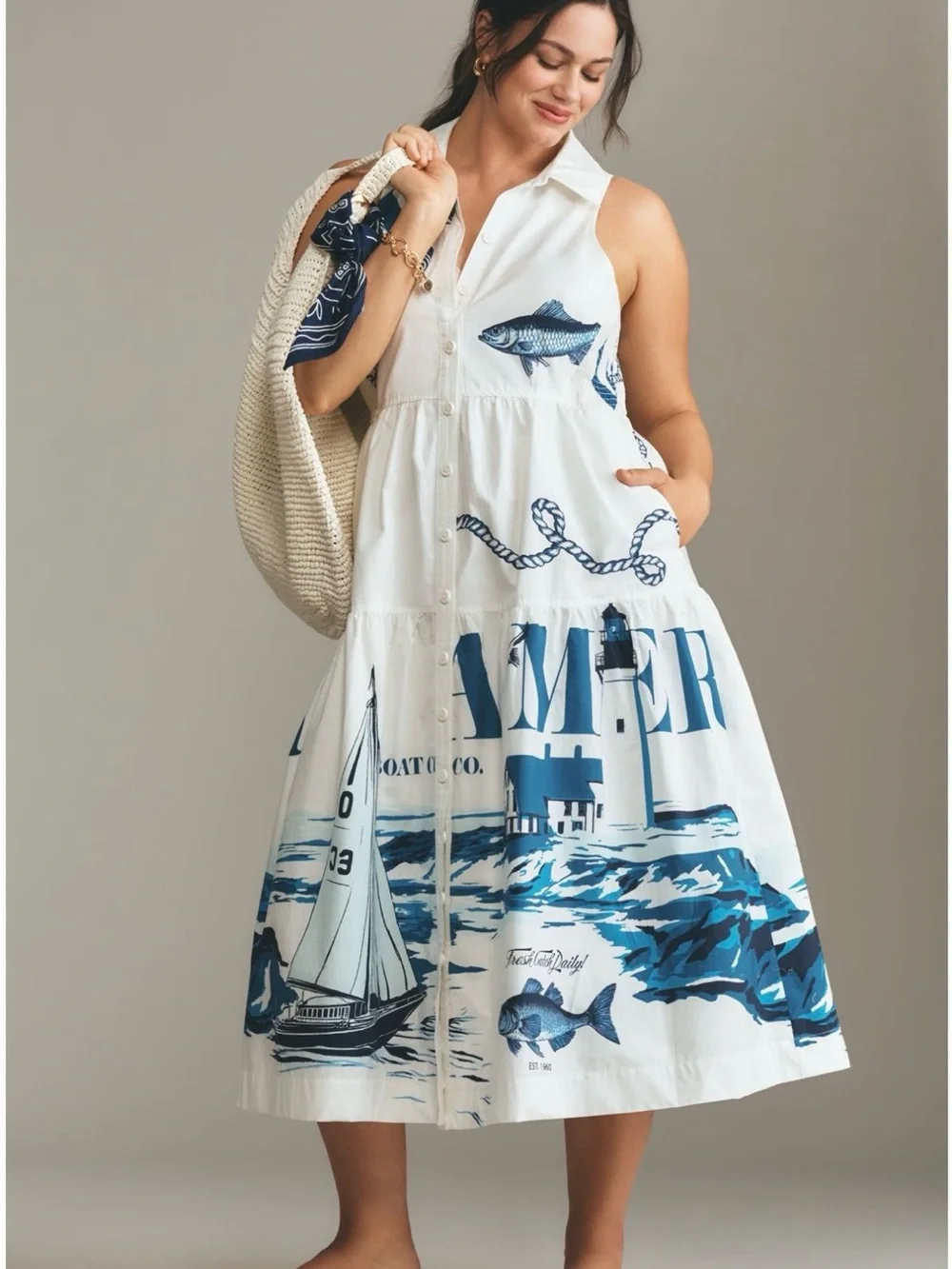 Maeve White & Navy Nautical Button-Front Midi Dress - Picture 1 of 13